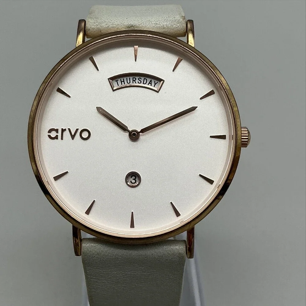 Arvo Mens Watch 40mm White Day Date The Awristacrat Leather Red Gold New Battery